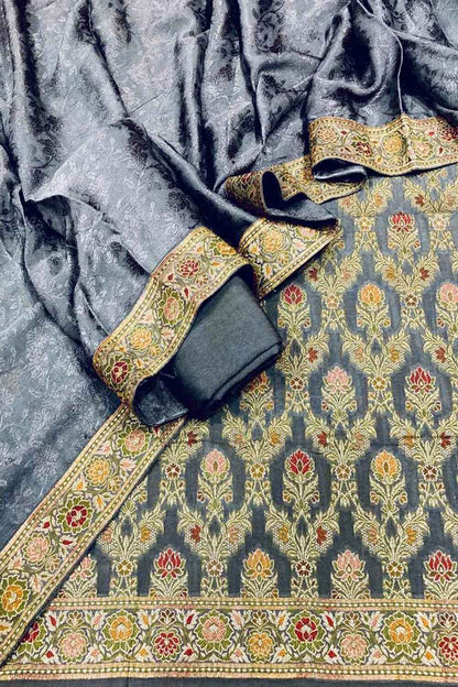 Grey Banarasi Chiniya Silk Unstitched Three Piece Suit Set