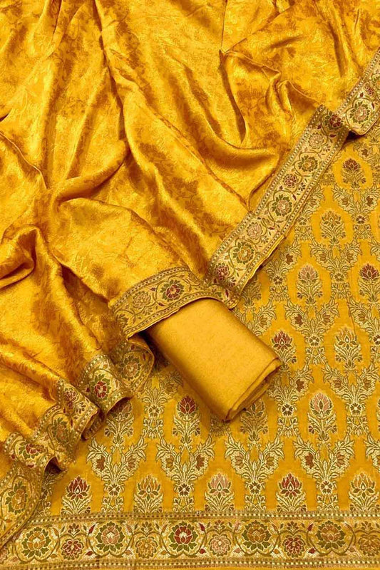 Yellow Banarasi Chiniya Silk Unstitched Three Piece Suit Set - Luxurion World