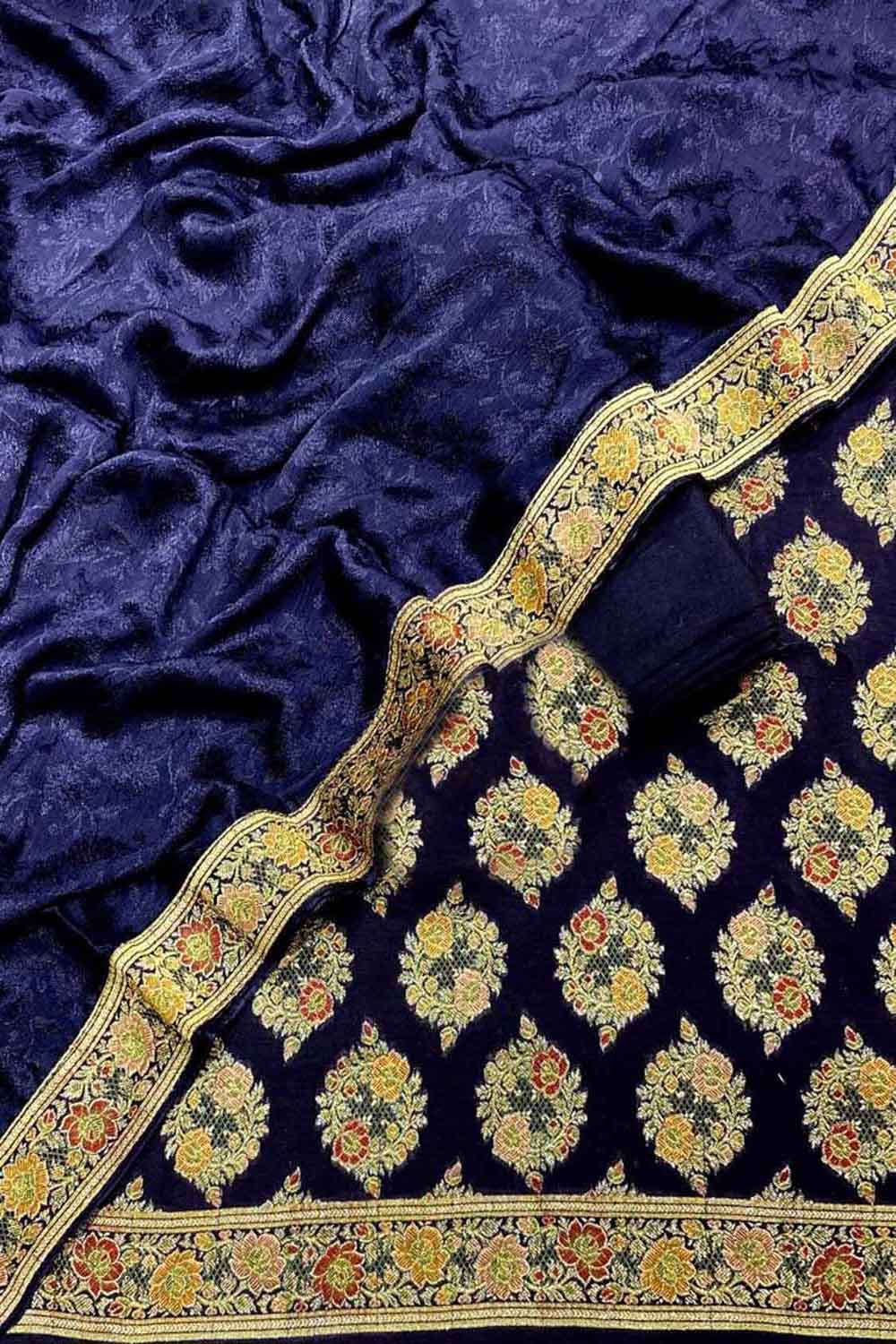 Blue Banarasi Chiniya Silk Unstitched Three Piece Suit Set - Luxurion World