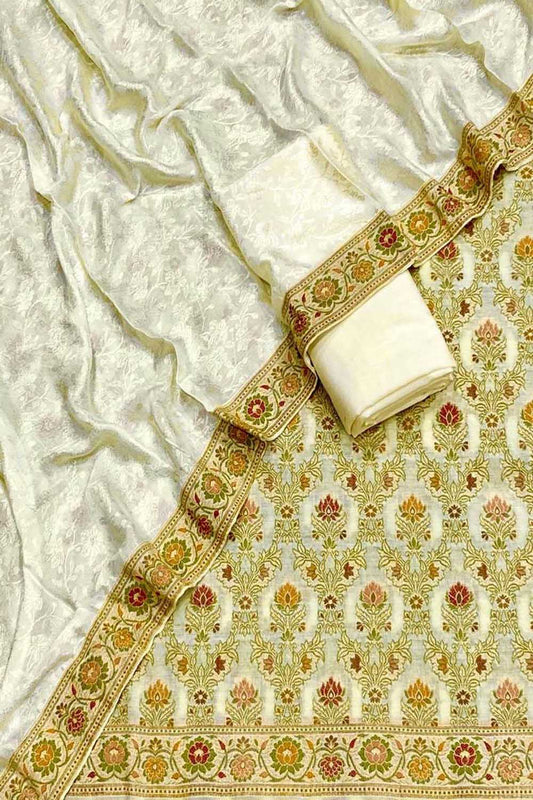 Off White Banarasi Chiniya Silk Unstitched Three Piece Suit Set - Luxurion World