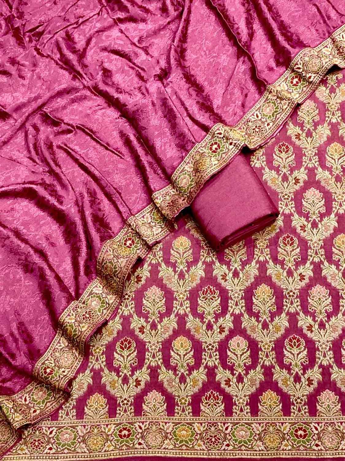 Pink Banarasi Chiniya Silk Unstitched Three Piece Suit Set - Luxurion World