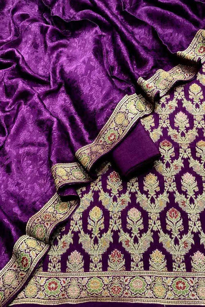 Purple Banarasi Chiniya Silk Unstitched Three Piece Suit Set - Luxurion World