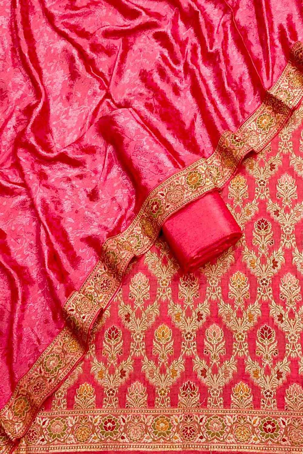 Pink Banarasi Chiniya Silk Unstitched Three Piece Suit Set