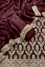 Brown Banarasi Chiniya Silk Unstitched Three Piece Suit Set - Luxurion World