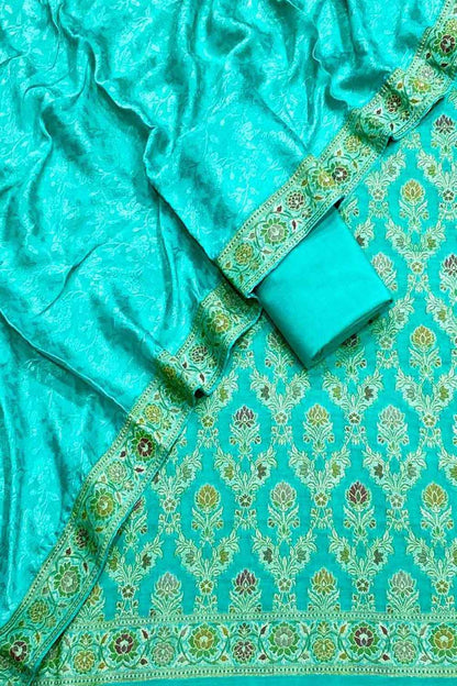 Blue Banarasi Chiniya Silk Unstitched Three Piece Suit Set