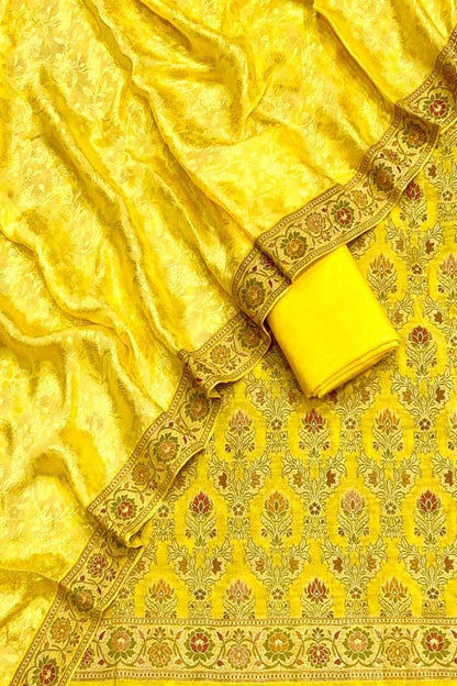 Yellow Banarasi Chiniya Silk Unstitched Three Piece Suit Set