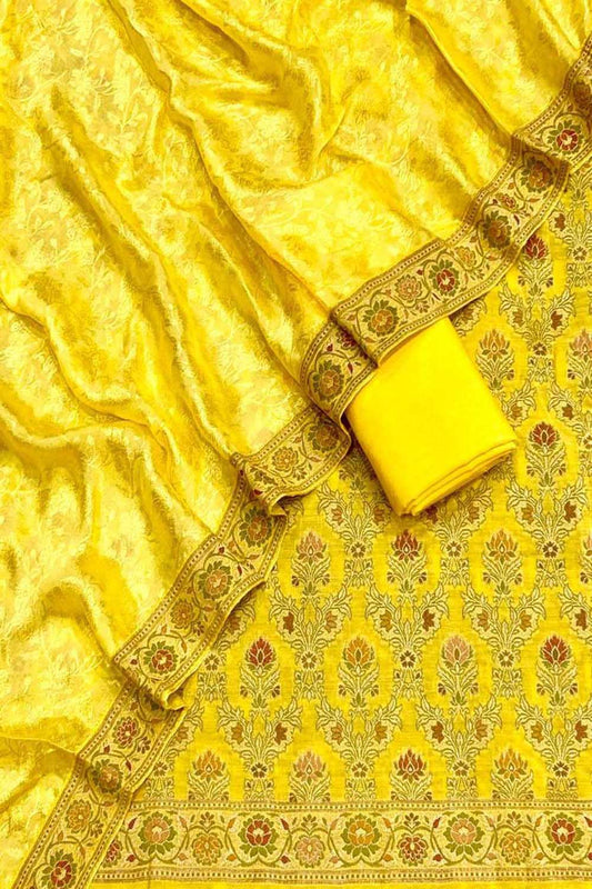 Yellow Banarasi Chiniya Silk Unstitched Three Piece Suit Set - Luxurion World