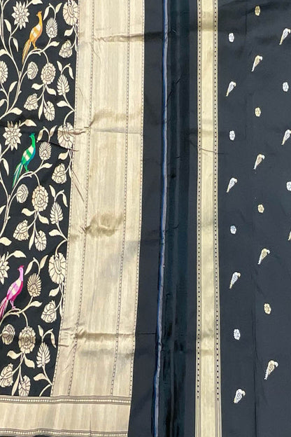 Stunning Black Handloom Banarasi Katan Silk Suit Set - Unstitched - Luxurion World