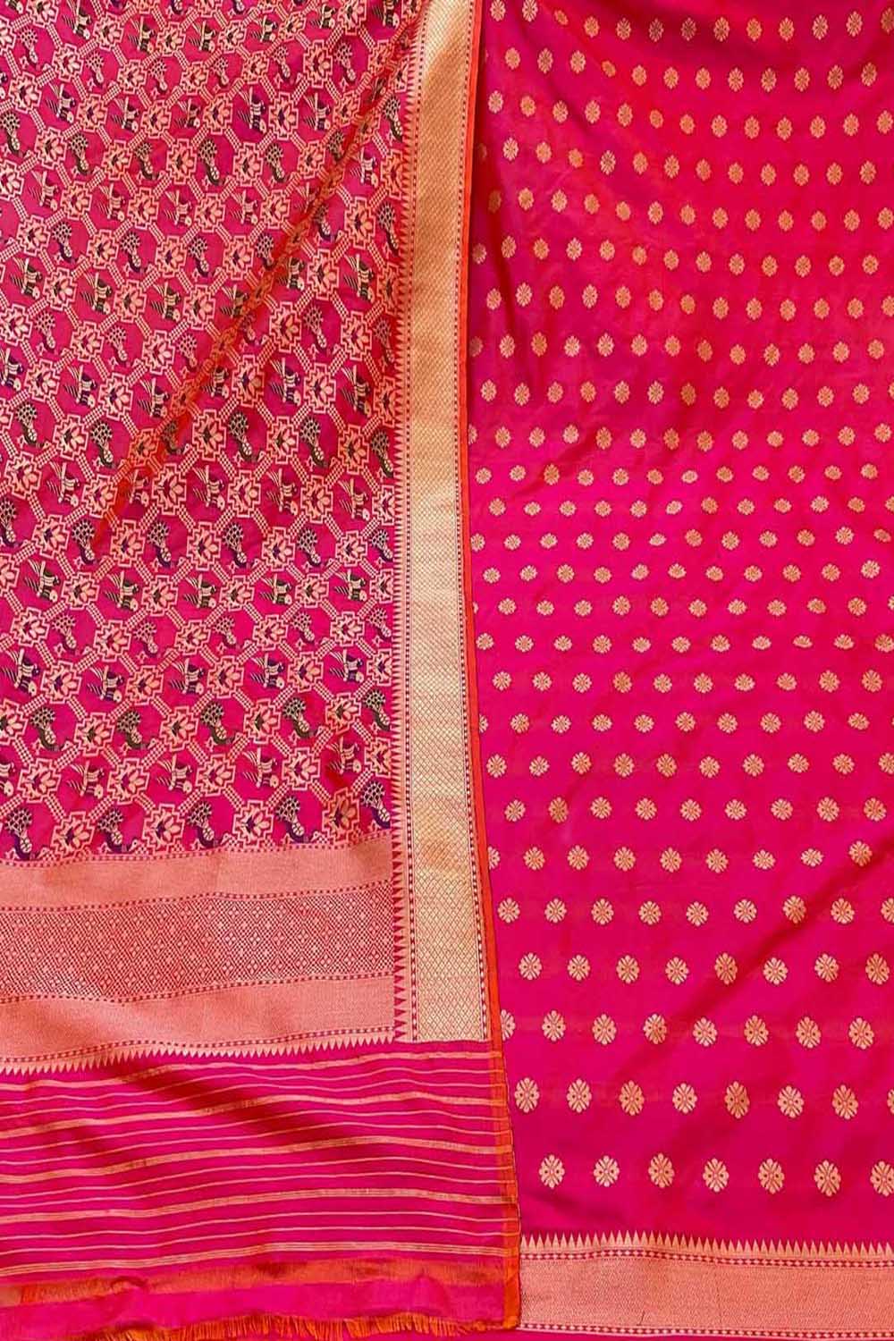 Pure Katan Silk Pink Handloom Banarasi Three Piece Suit Set - Unstitched - Luxurion World