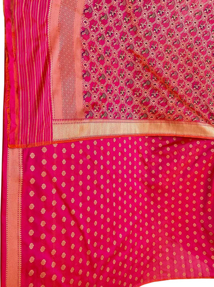 Pure Katan Silk Pink Handloom Banarasi Three Piece Suit Set - Unstitched