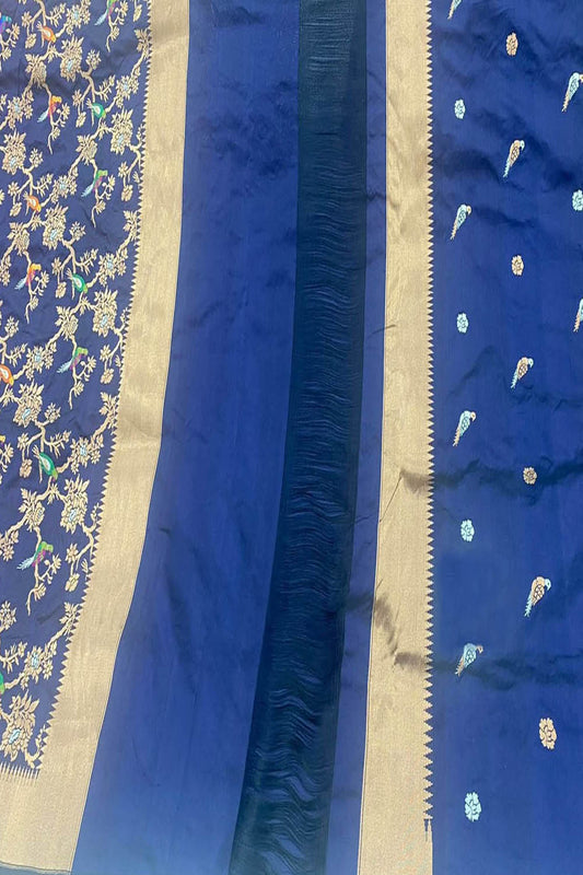Stunning Blue Handloom Banarasi Katan Silk Suit Set - Unstitched - Luxurion World