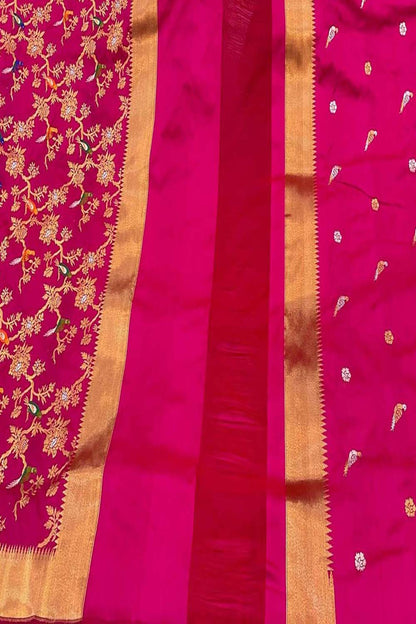 Pure Katan Silk Pink Handloom Banarasi Three Piece Suit Set - Unstitched