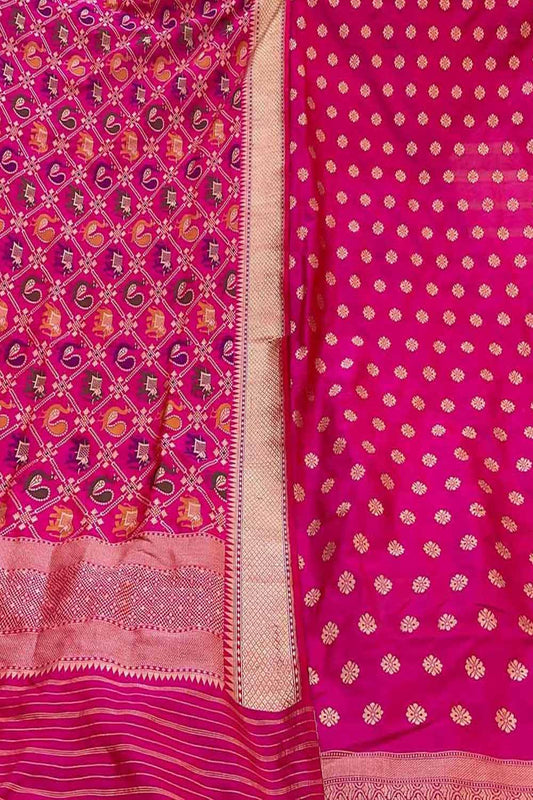 Pure Katan Silk Banarasi Handloom Suit Set in Pink - Unstitched