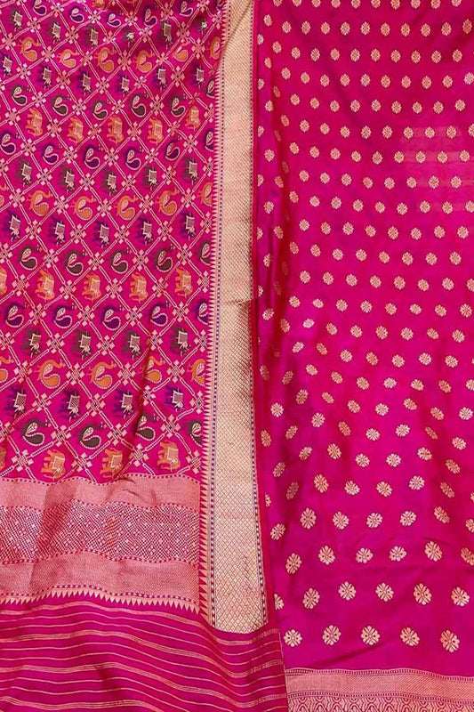 Pure Katan Silk Banarasi Handloom Suit Set in Pink - Unstitched - Luxurion World