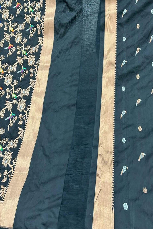 Stunning Black Handloom Banarasi Katan Silk Suit Set - Unstitched - Luxurion World