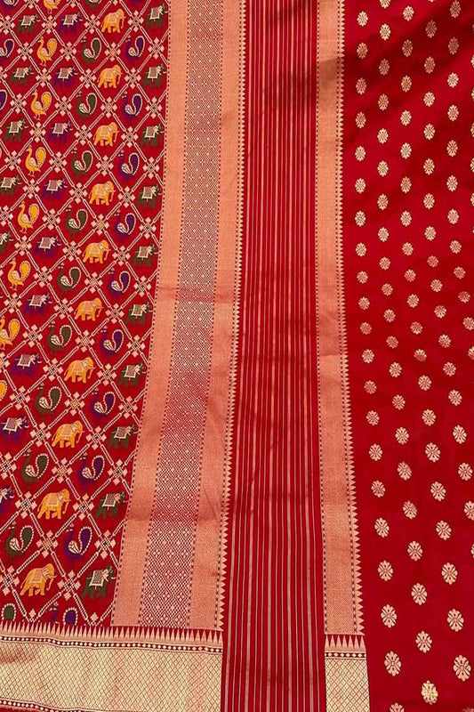 Stunning Red Handloom Banarasi Katan Silk Suit Set - Unstitched - Luxurion World