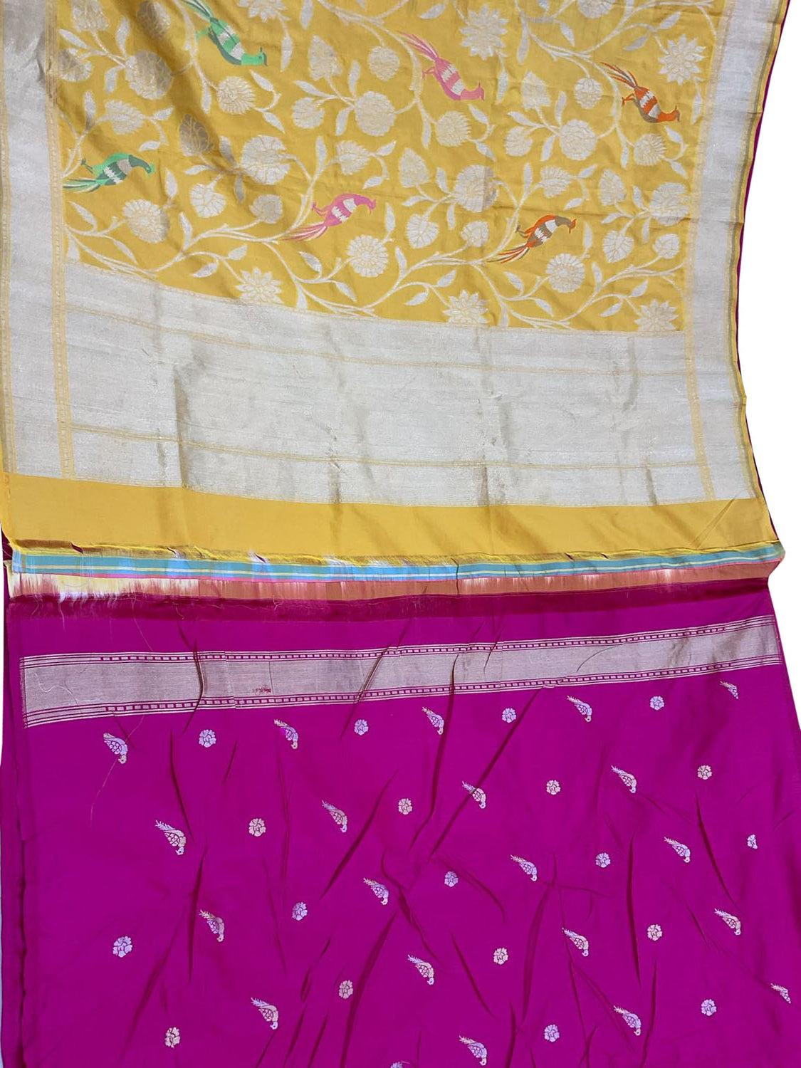 Stunning Yellow and Pink Handloom Banarasi Katan Silk Suit Set