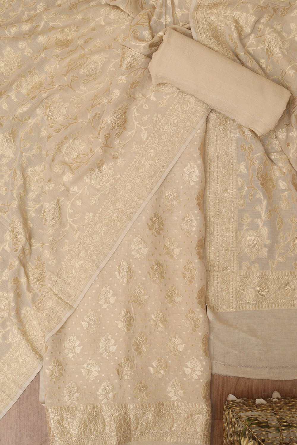 Dyeable Banarasi Handloom Pure Moonga Silk Three Piece Unstitched Suit Set - Luxurion World