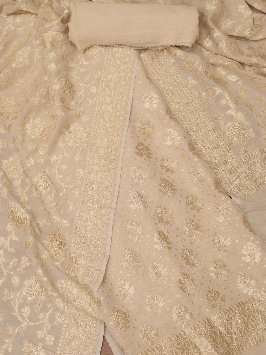 Dyeable Banarasi Handloom Pure Moonga Silk Three Piece Unstitched Suit Set - Luxurion World