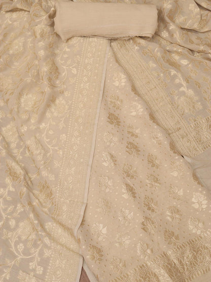 Dyeable Banarasi Handloom Pure Moonga Silk Three Piece Unstitched Suit Set - Luxurion World