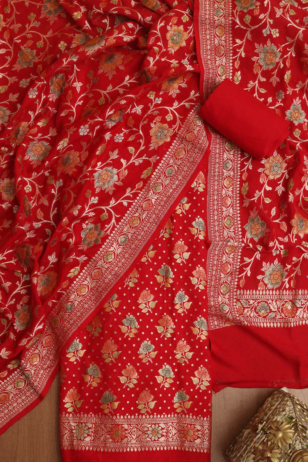 Red Banarasi Handloom Pure Moonga Silk Three Piece Unstitched Suit Set - Luxurion World