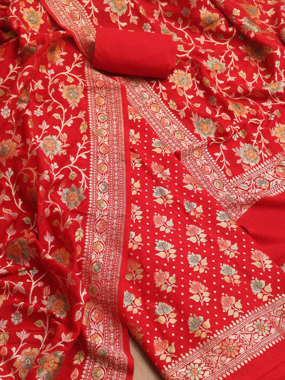 Red Banarasi Handloom Pure Moonga Silk Three Piece Unstitched Suit Set - Luxurion World