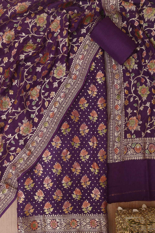 Purple Banarasi Handloom Pure Moonga Silk Three Piece Unstitched Suit Set - Luxurion World