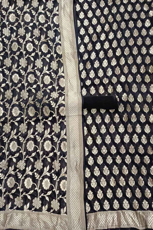 Black Banarasi Pure Georgette Three Piece Unstitched Suit Set - Luxurion World