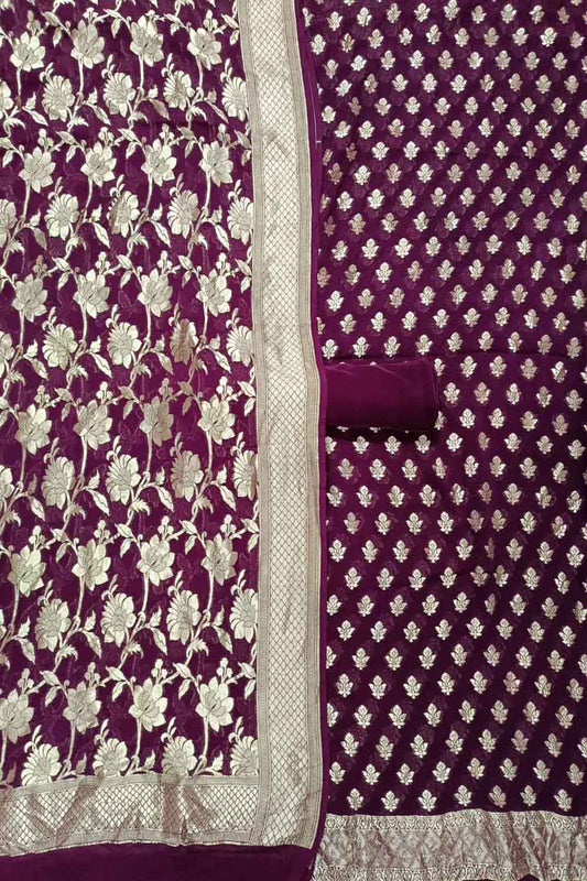 Purple Banarasi Pure Georgette Three Piece Unstitched Suit Set - Luxurion World