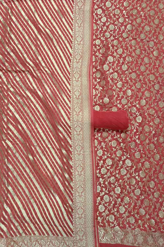 Pink Banarasi Pure Georgette Three Piece Unstitched Suit Set - Luxurion World