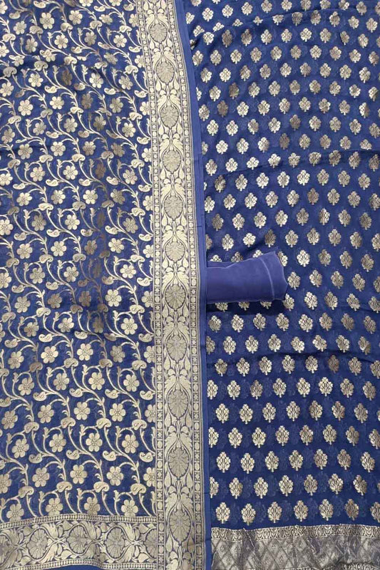 Blue Banarasi Pure Georgette Three Piece Unstitched Suit Set - Luxurion World