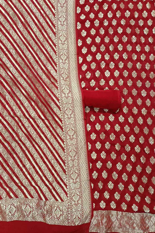 Red Banarasi Pure Georgette Three Piece Unstitched Suit Set - Luxurion World