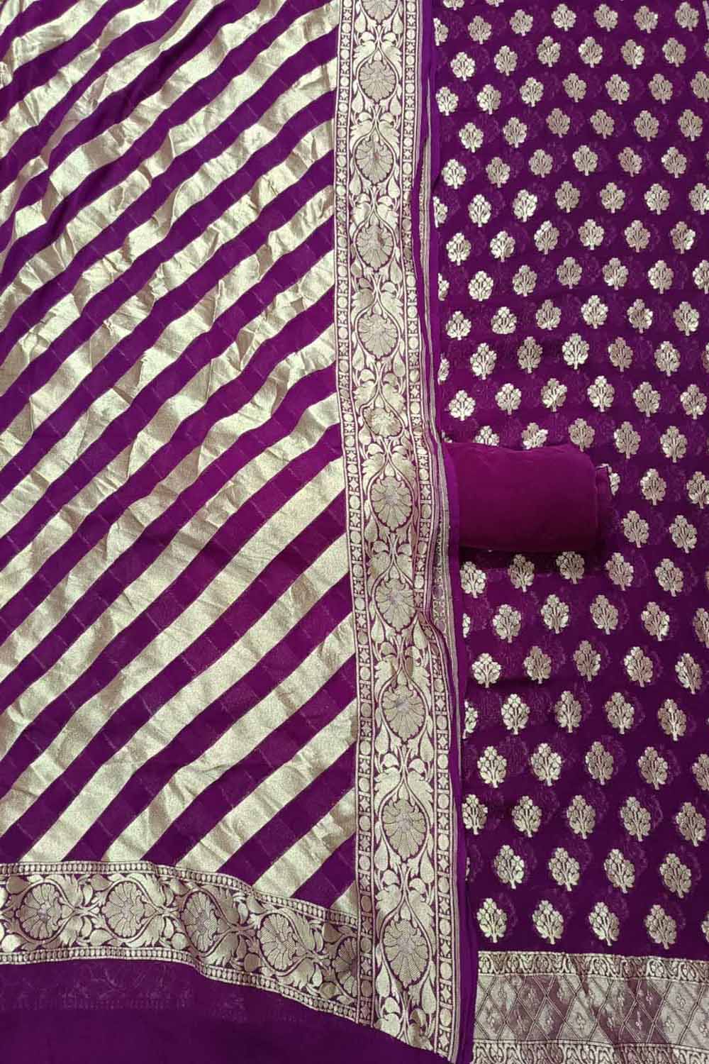 Purple Banarasi Pure Georgette Three Piece Unstitched Suit Set - Luxurion World