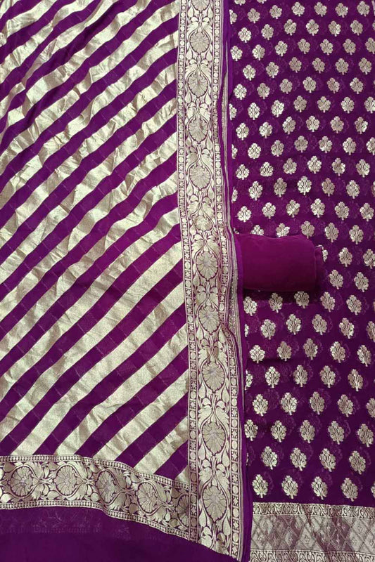 Purple Banarasi Pure Georgette Three Piece Unstitched Suit Set - Luxurion World