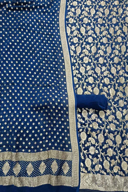 Blue Banarasi Pure Georgette Three Piece Unstitched Suit Set - Luxurion World