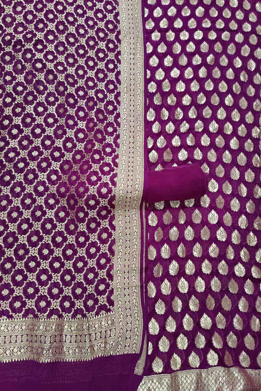 Purple Banarasi Pure Georgette Three Piece Unstitched Suit Set - Luxurion World