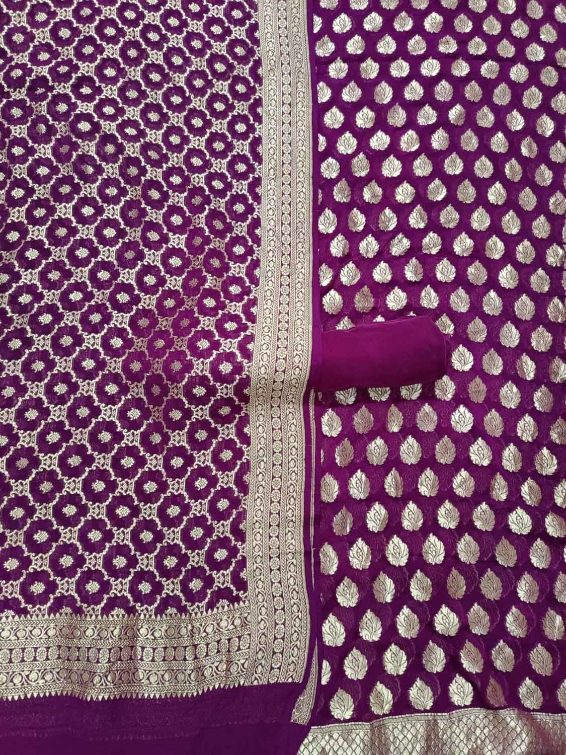 Purple Banarasi Pure Georgette Three Piece Unstitched Suit Set - Luxurion World