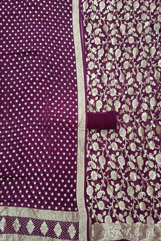 Purple Banarasi Pure Georgette Three Piece Unstitched Suit Set - Luxurion World