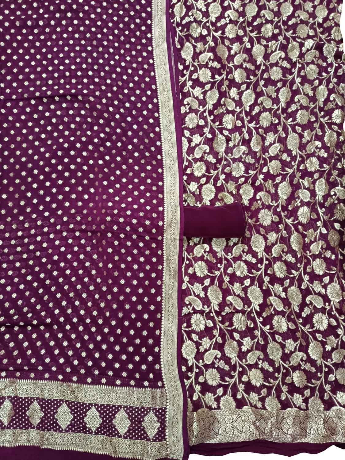 Purple Banarasi Pure Georgette Three Piece Unstitched Suit Set - Luxurion World