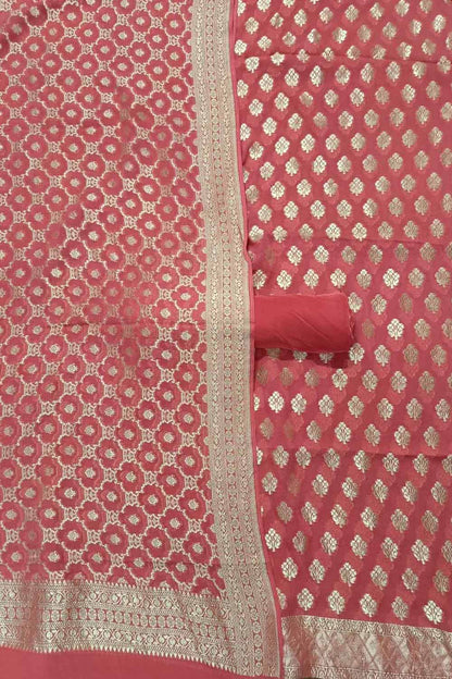 Pink Banarasi Pure Georgette Three Piece Unstitched Suit Set - Luxurion World