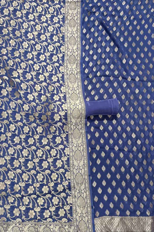 Blue Banarasi Pure Georgette Three Piece Unstitched Suit Set - Luxurion World
