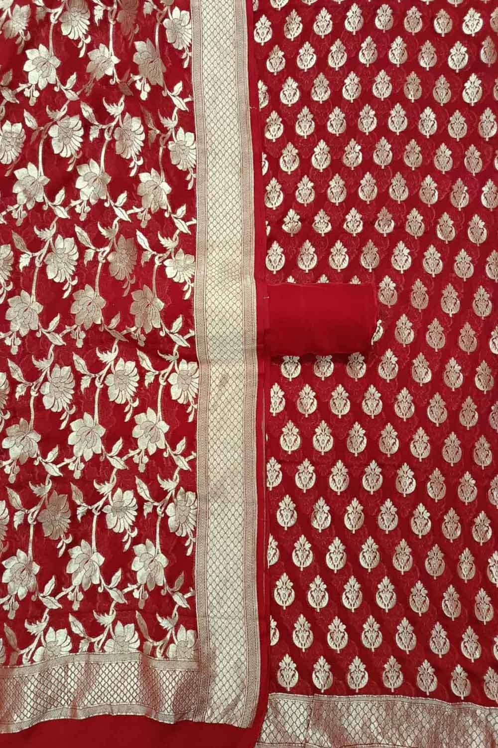 Red Banarasi Pure Georgette Three Piece Unstitched Suit Set - Luxurion World