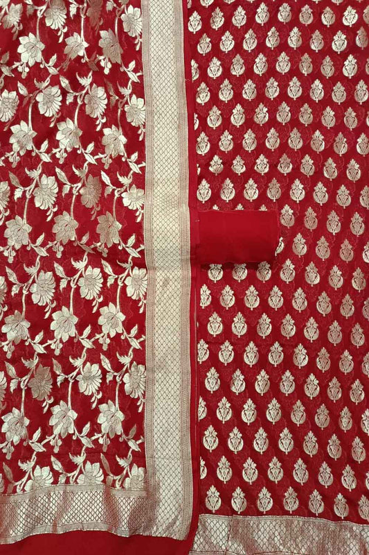 Red Banarasi Pure Georgette Three Piece Unstitched Suit Set - Luxurion World