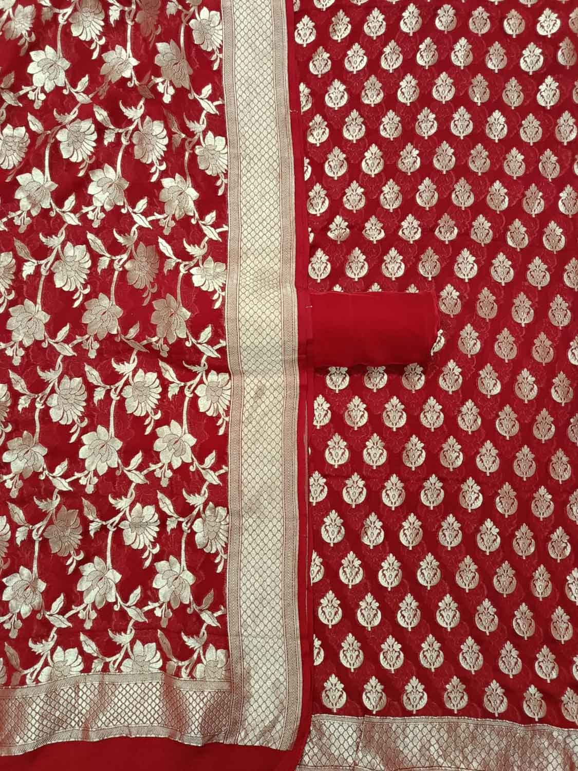 Red Banarasi Pure Georgette Three Piece Unstitched Suit Set - Luxurion World