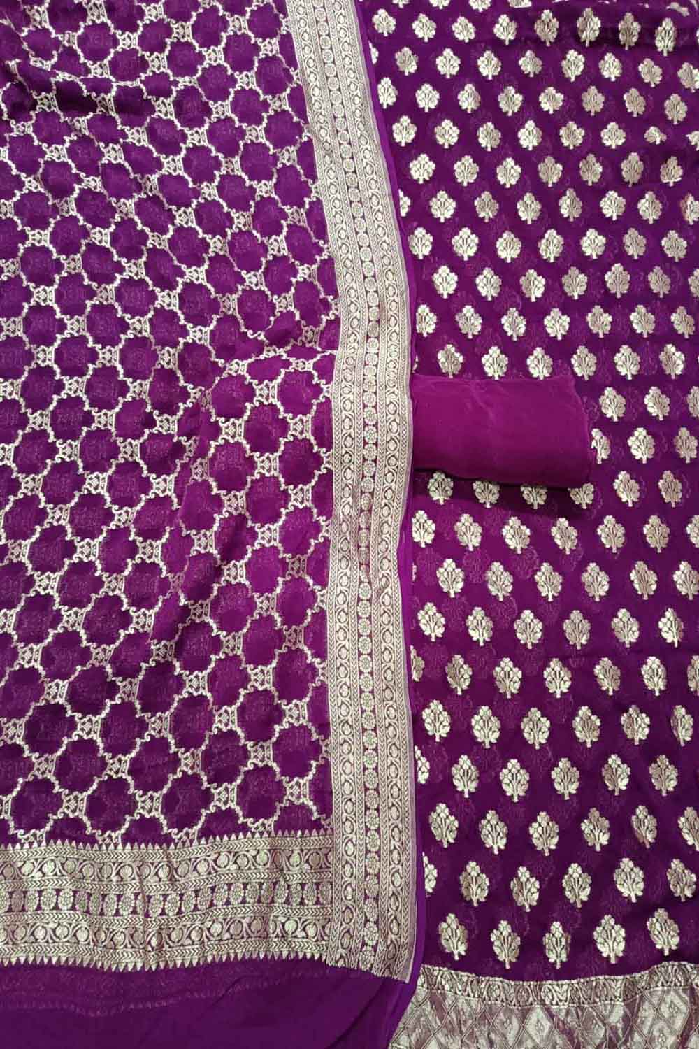 Purple Banarasi Pure Georgette Three Piece Unstitched Suit Set - Luxurion World