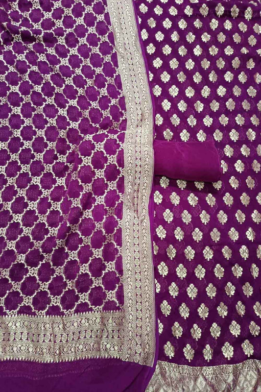 Purple Banarasi Pure Georgette Three Piece Unstitched Suit Set - Luxurion World