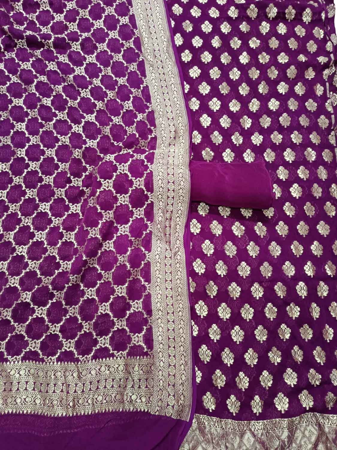 Purple Banarasi Pure Georgette Three Piece Unstitched Suit Set - Luxurion World