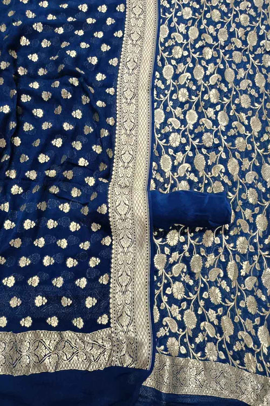 Blue Banarasi Pure Georgette Three Piece Unstitched Suit Set - Luxurion World