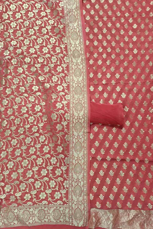 Pink Banarasi Pure Georgette Three Piece Unstitched Suit Set - Luxurion World