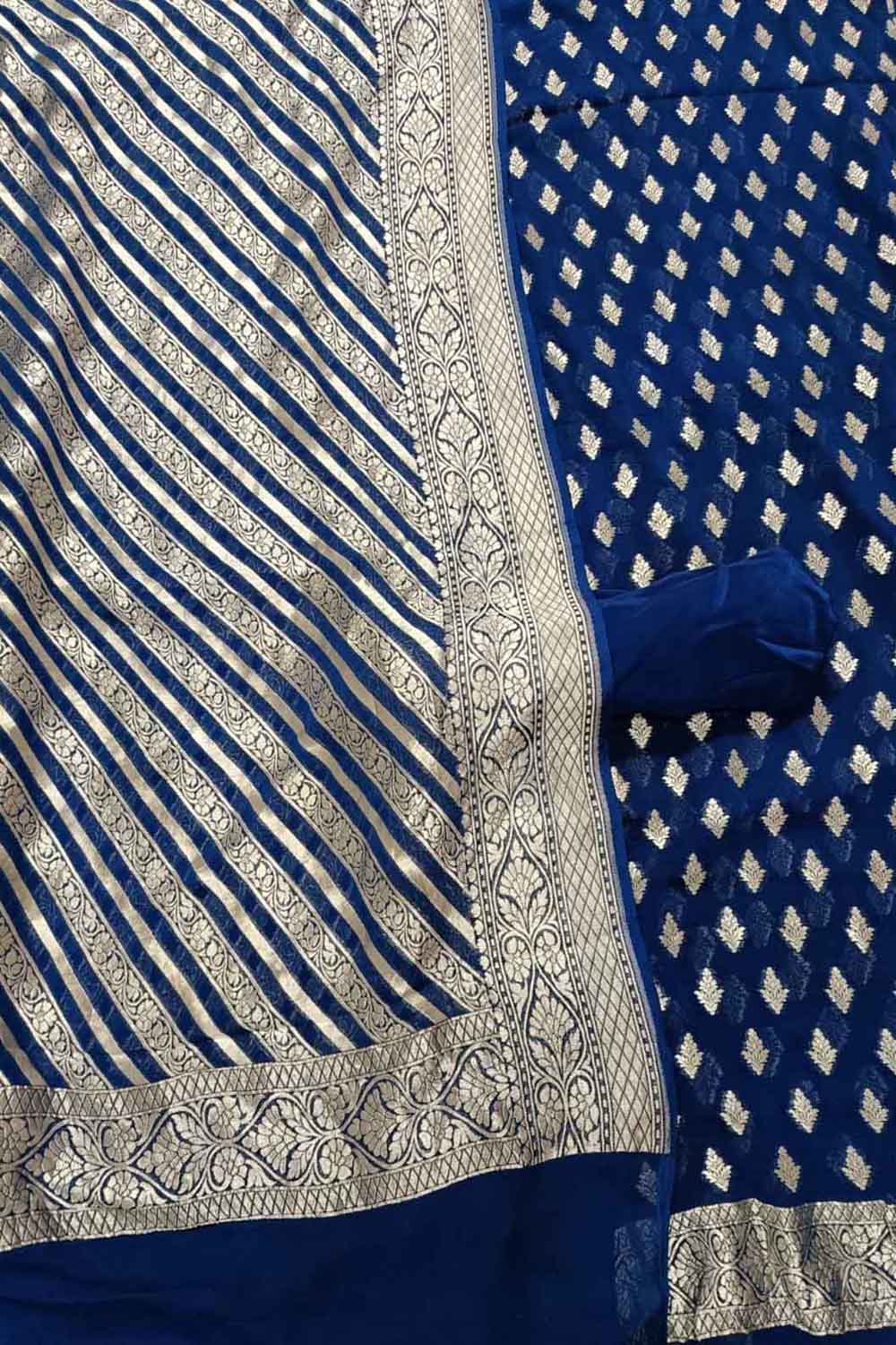 Blue Banarasi Pure Georgette Three Piece Unstitched Suit Set - Luxurion World